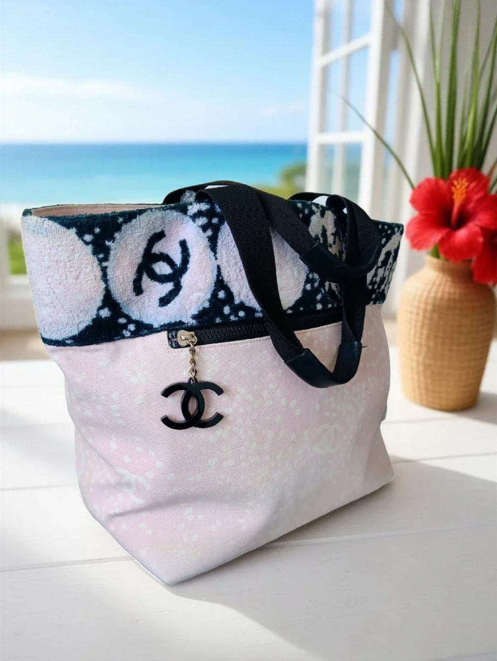 Chanel Pink Canvas & Terry Cloth CC Summer Beach Tote Bag ✨ COA